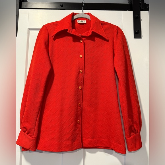 Bodin Knits Tops - Vintage Red-Orange Button-Up Polyester Collared Shirt Ladies Sz 10